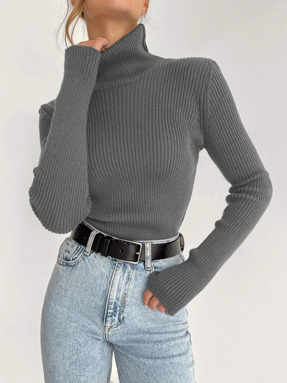 Basic Mock Neck Ribbed Sweaters for Women Cute Sexy Knitted Autumn Winter Warm Fitted Fashion Pullover Sweater