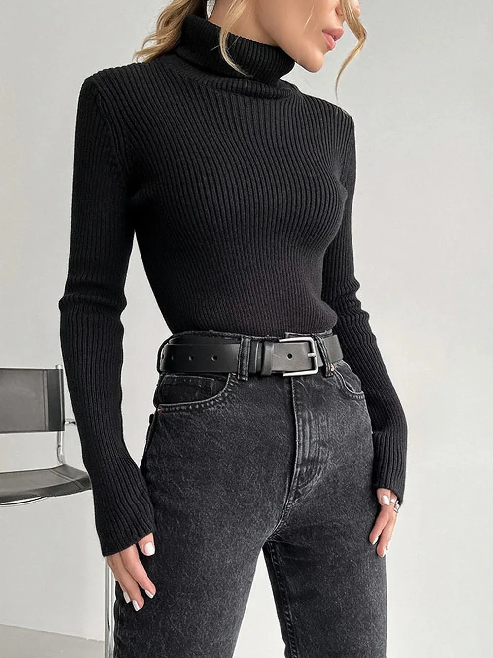 Basic Mock Neck Ribbed Sweaters for Women Cute Sexy Knitted Autumn Winter Warm Fitted Fashion Pullover Sweater