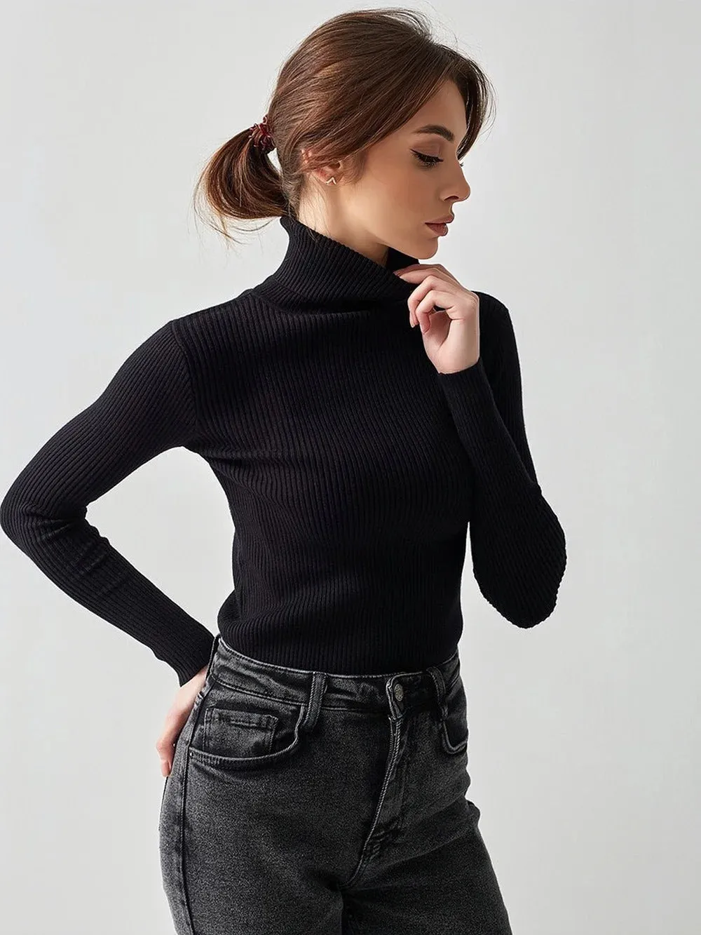 Basic Mock Neck Ribbed Sweaters for Women Cute Sexy Knitted Autumn Winter Warm Fitted Fashion Pullover Sweater