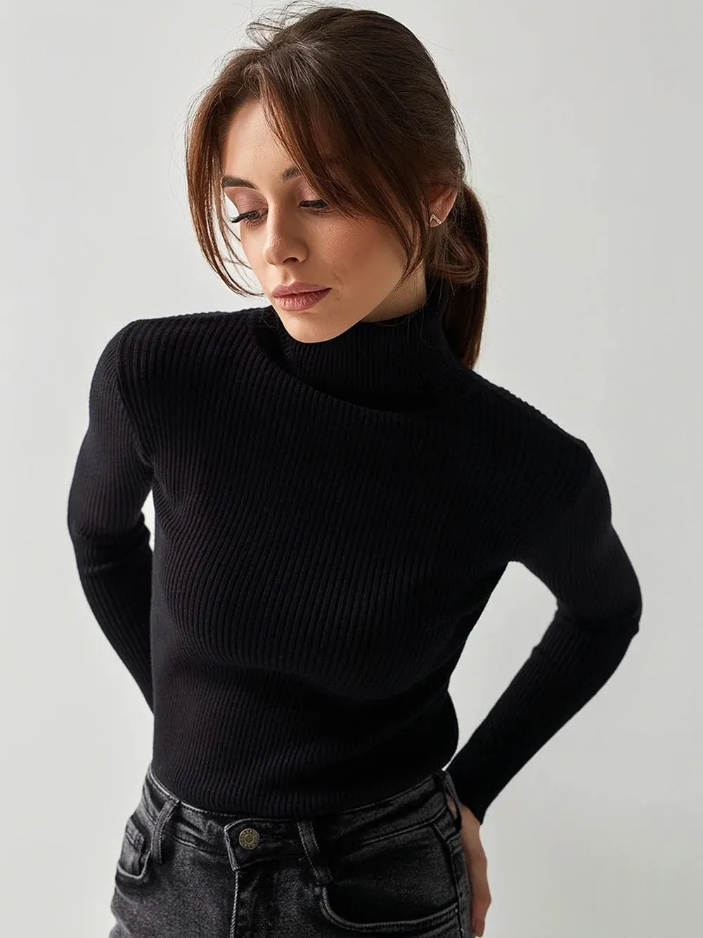 Basic Mock Neck Ribbed Sweaters for Women Cute Sexy Knitted Autumn Winter Warm Fitted Fashion Pullover Sweater