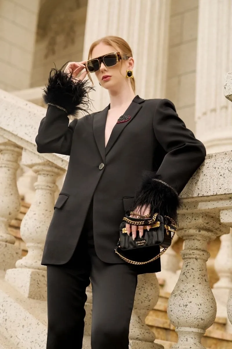 BLACK KELLY TAFFETA FEATHER SUIT JACKET