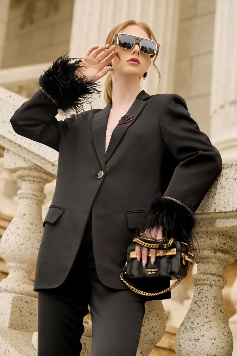 BLACK KELLY TAFFETA FEATHER SUIT JACKET