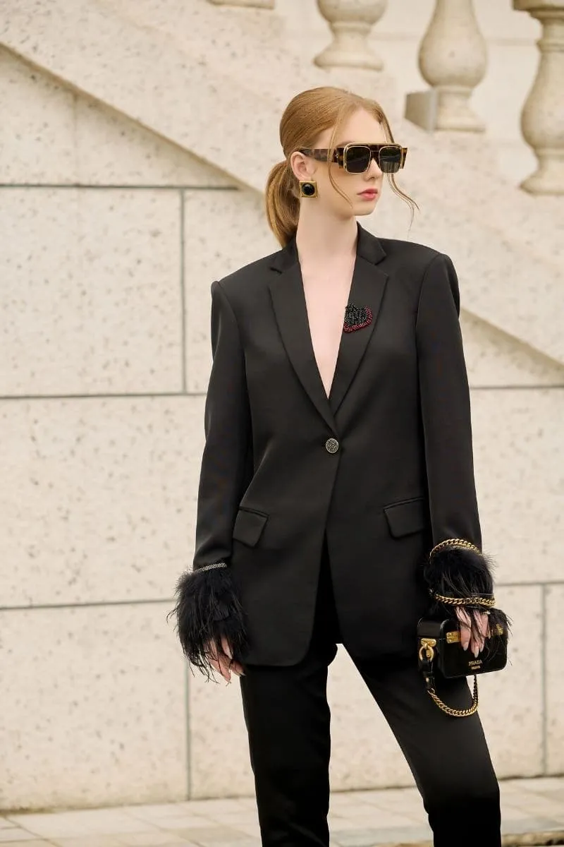 BLACK KELLY TAFFETA FEATHER SUIT JACKET