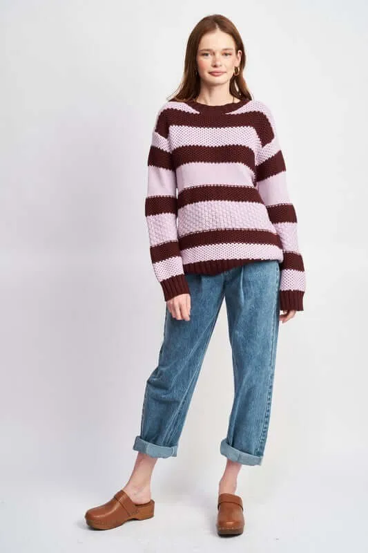 Brown Purple Striped & Oversized Sweater