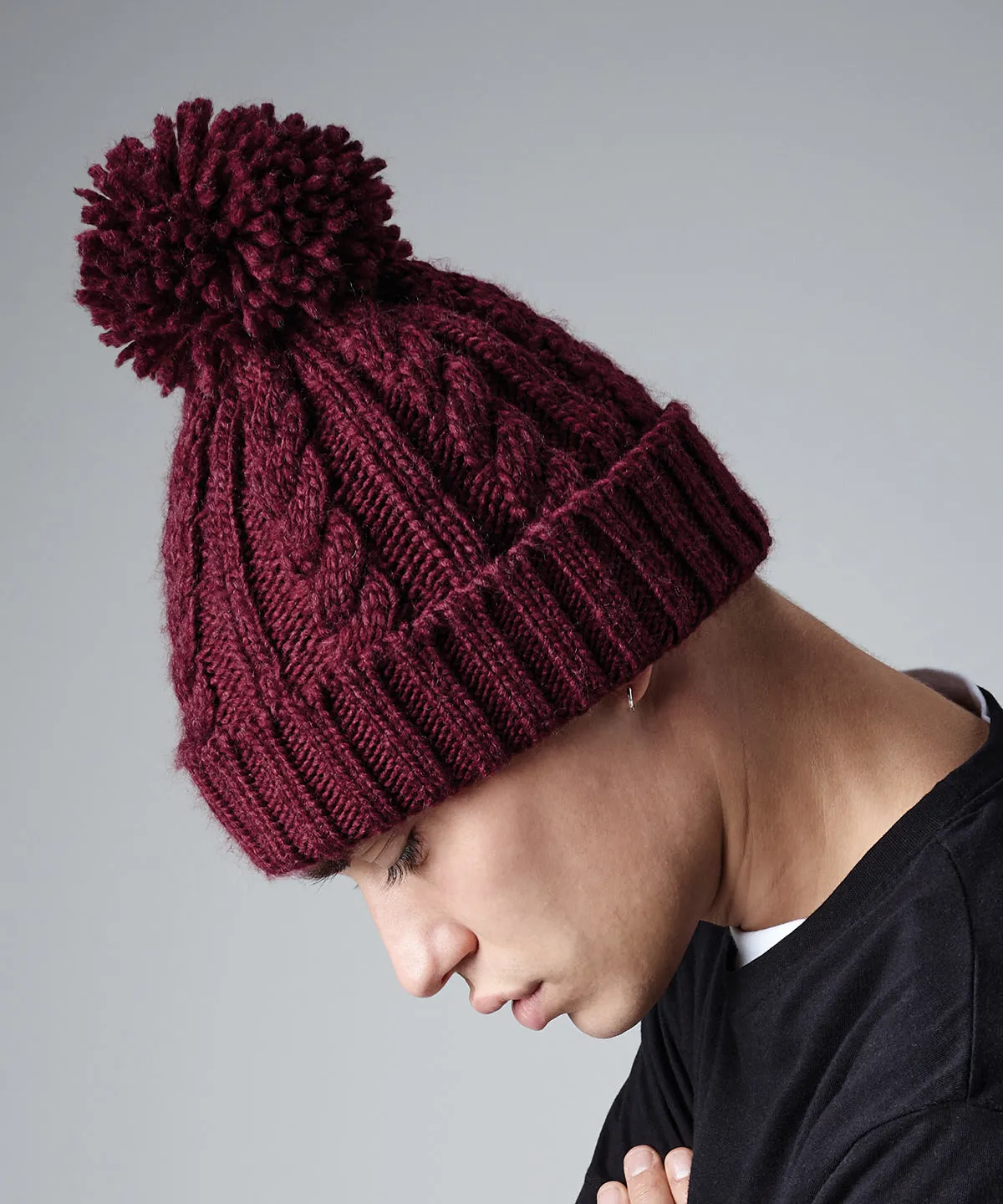 Cable knit melange beanie | Burgundy