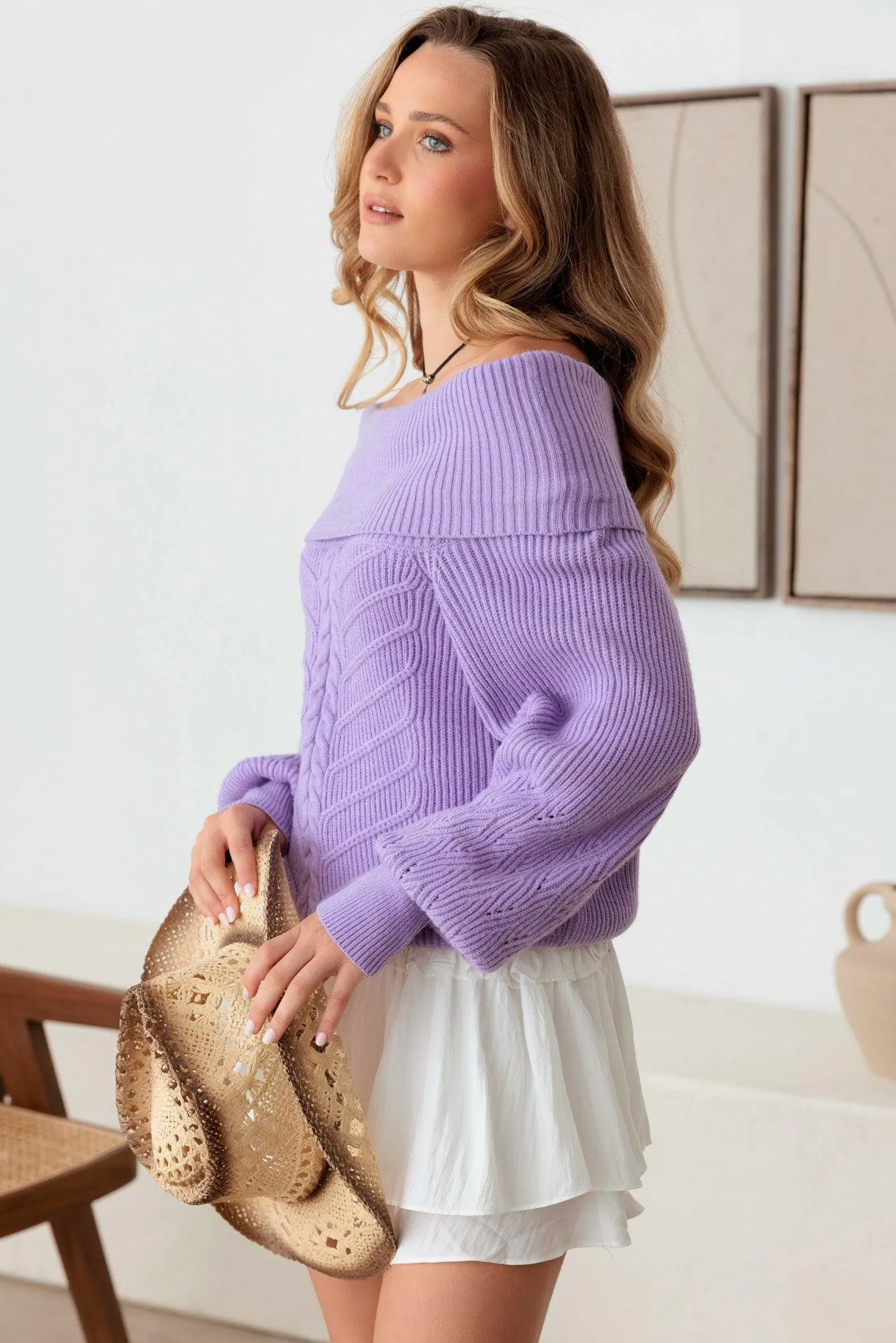 Cable Pattern Off Shoulder Long Sleeve Sweater