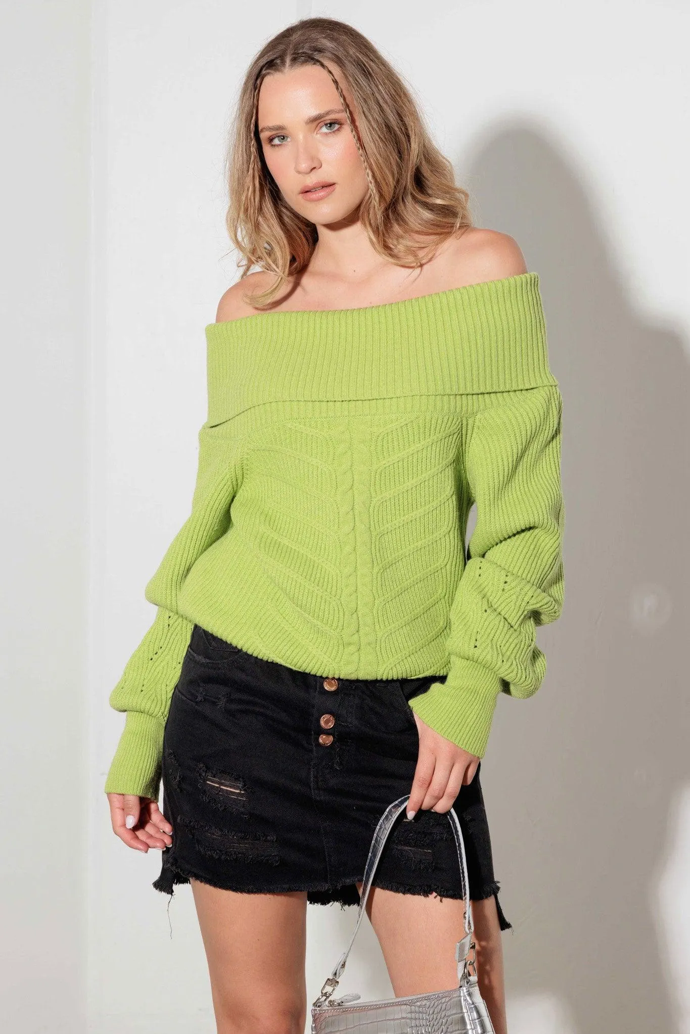 Cable Pattern Off Shoulder Long Sleeve Sweater