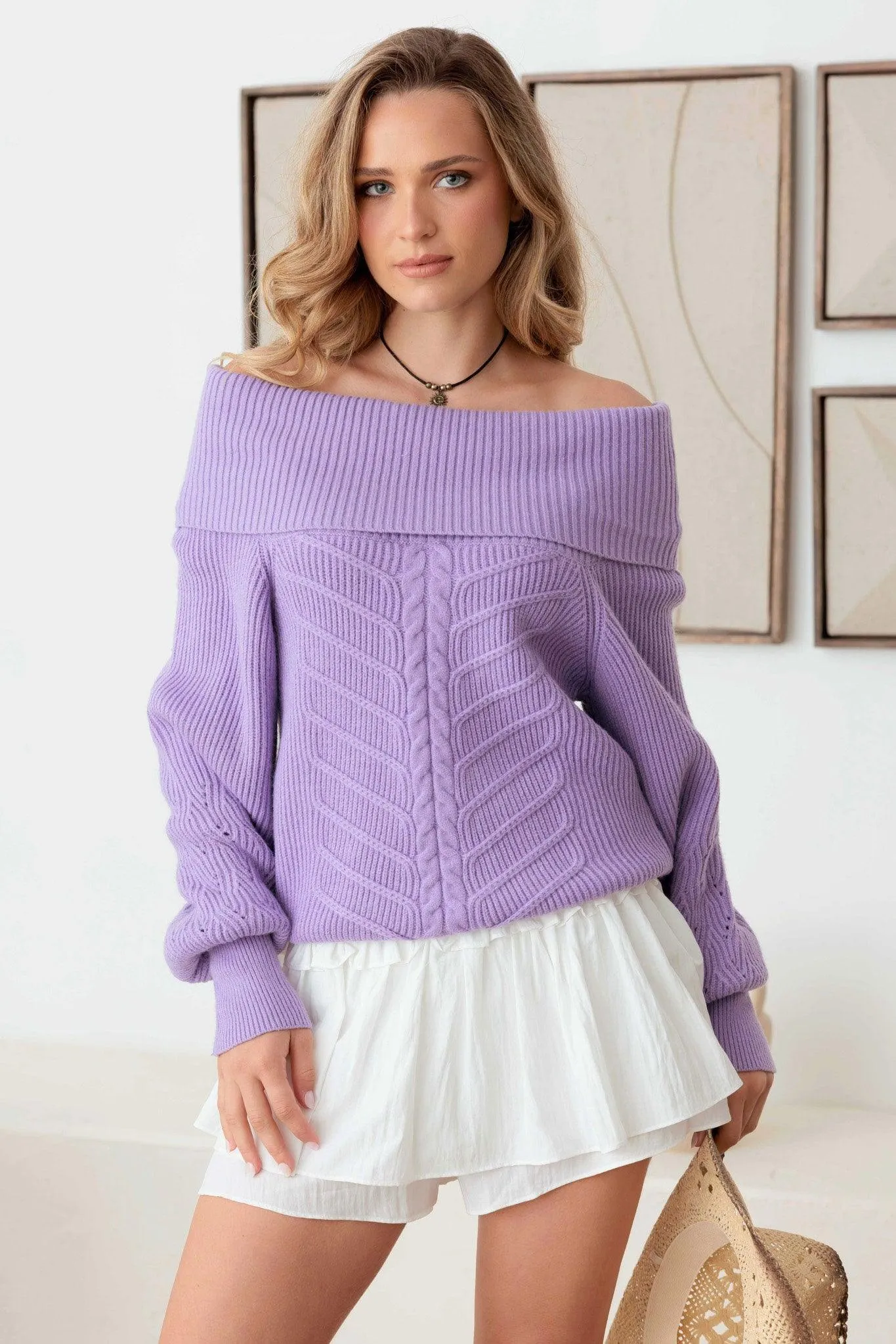 Cable Pattern Off Shoulder Long Sleeve Sweater