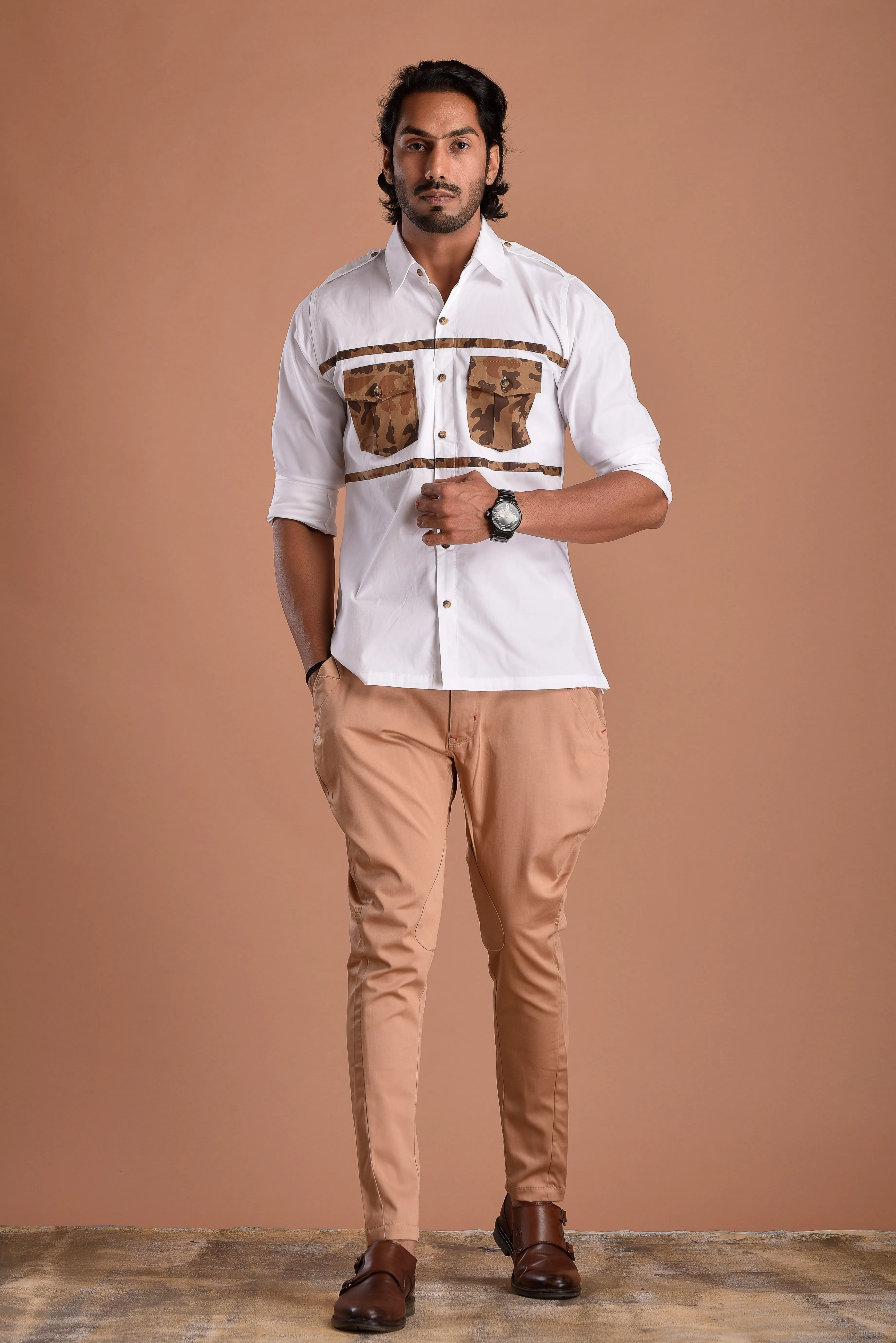 Classic White Hunting Style Shirt with Camouflage pockets