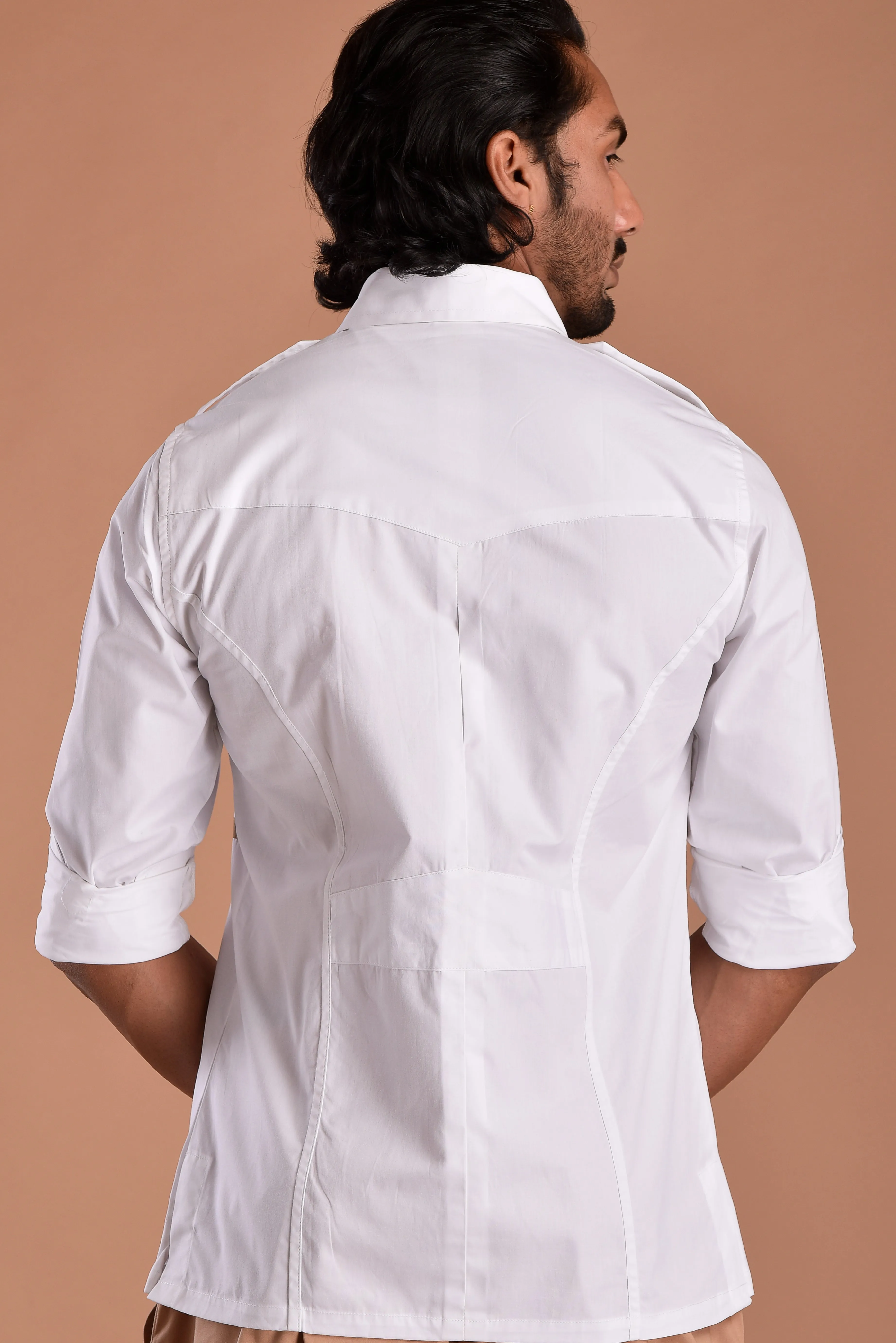 Classic White Hunting Style Shirt with Camouflage pockets