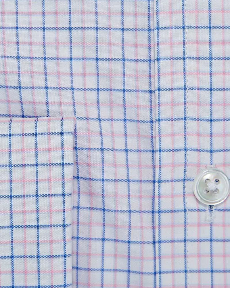 Contemporary Fit White, Pink & Light Blue Overcheck Cotton Shirt with Classic Collar & Double Cuff