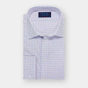 Contemporary Fit White, Pink & Light Blue Overcheck Cotton Shirt with Classic Collar & Double Cuff