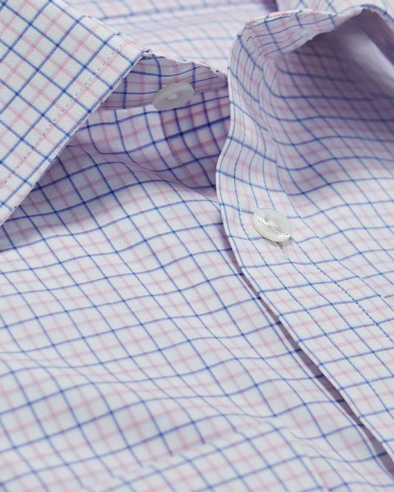 Contemporary Fit White, Pink & Light Blue Overcheck Cotton Shirt with Classic Collar & Double Cuff