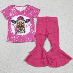 Cow Print Baby Girls Clothes Short Sleeve T-shirt Jeans Pants Set D14-14 GT0111