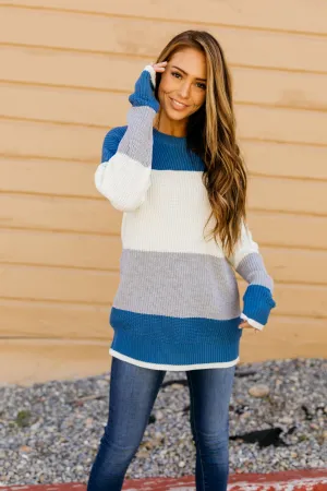 Cozy Casual Color Block Sweater In Blue - ALL SALES FINAL