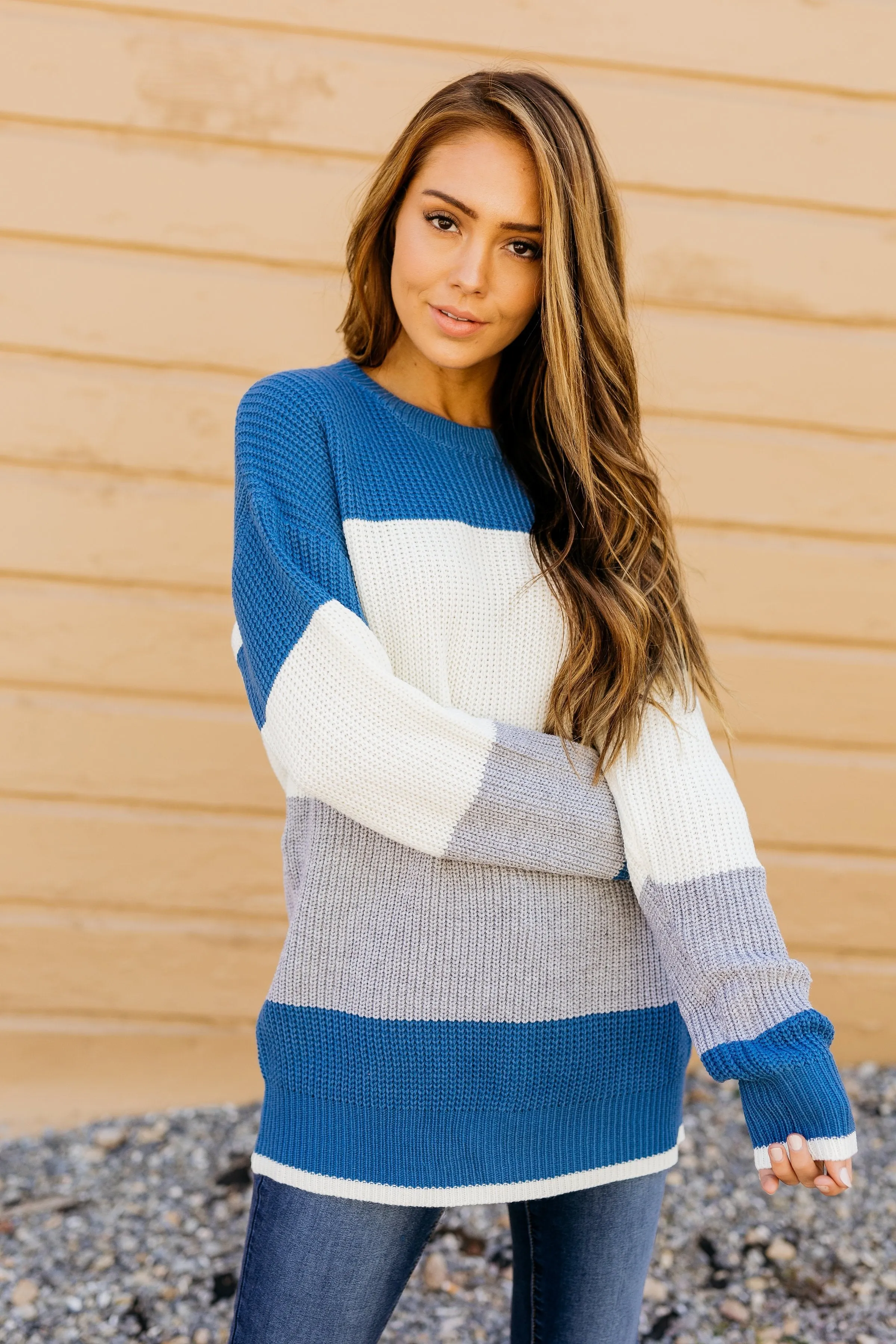 Cozy Casual Color Block Sweater In Blue - ALL SALES FINAL