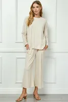 Cream Glitter Textured Long Sleeve Top & Pant Set