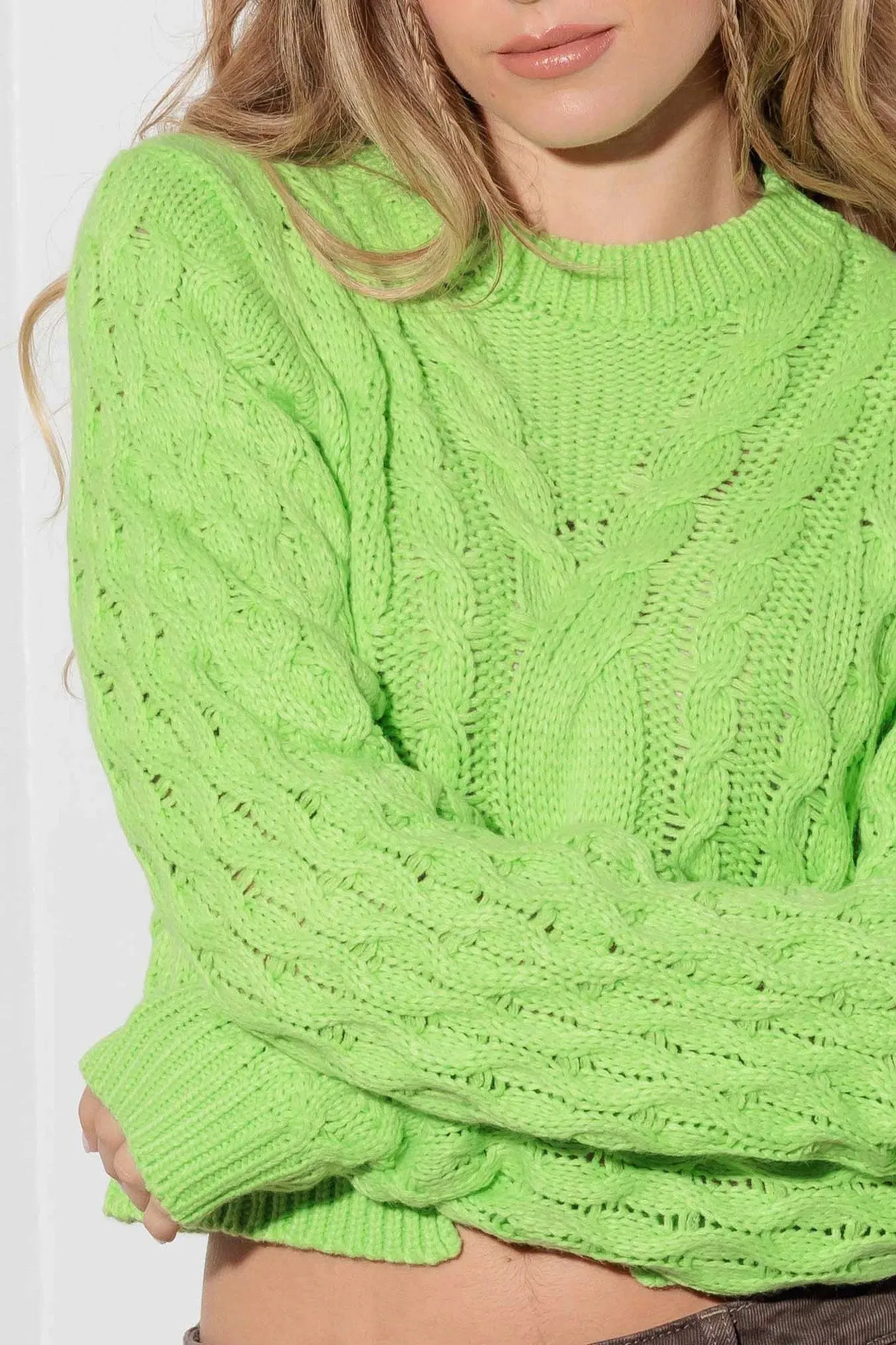 Crop Cable Knit Front Cut Out Long Sleeve Sweater