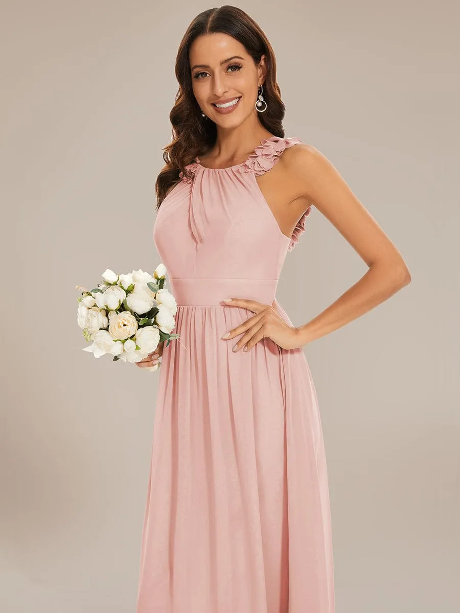 Floral Applique Sleeveless Pleated Chiffon Bridesmaid Dress