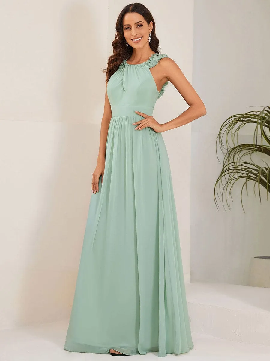 Floral Applique Sleeveless Pleated Chiffon Bridesmaid Dress