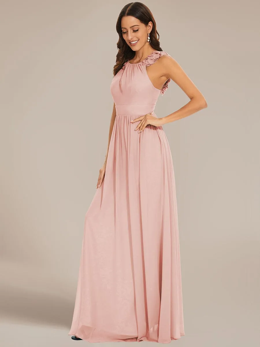 Floral Applique Sleeveless Pleated Chiffon Bridesmaid Dress