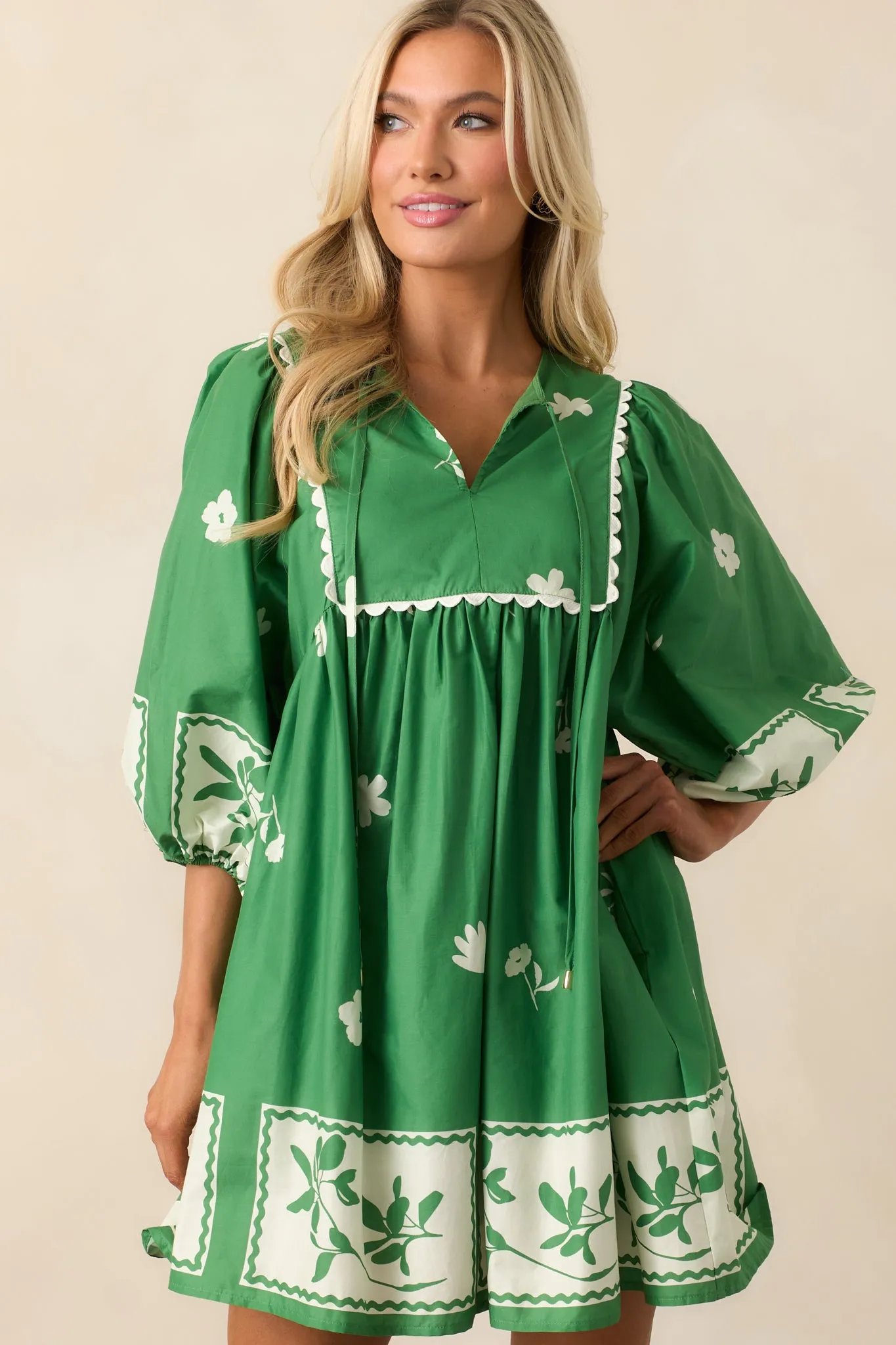 Gentle Breeze Green Cotton Floral Mini Dress