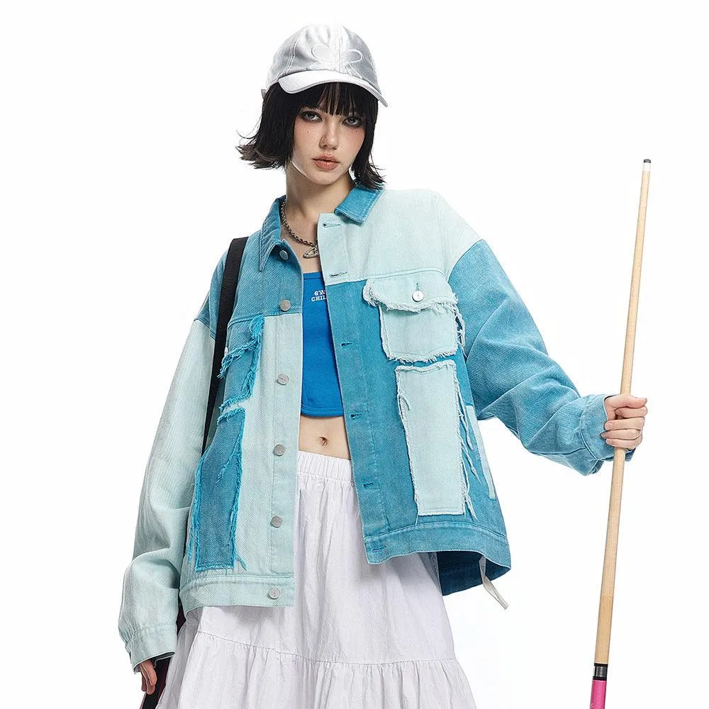 Irregular Color Contrast Patchwork Denim Jacket - Trendy Casual Outerwear