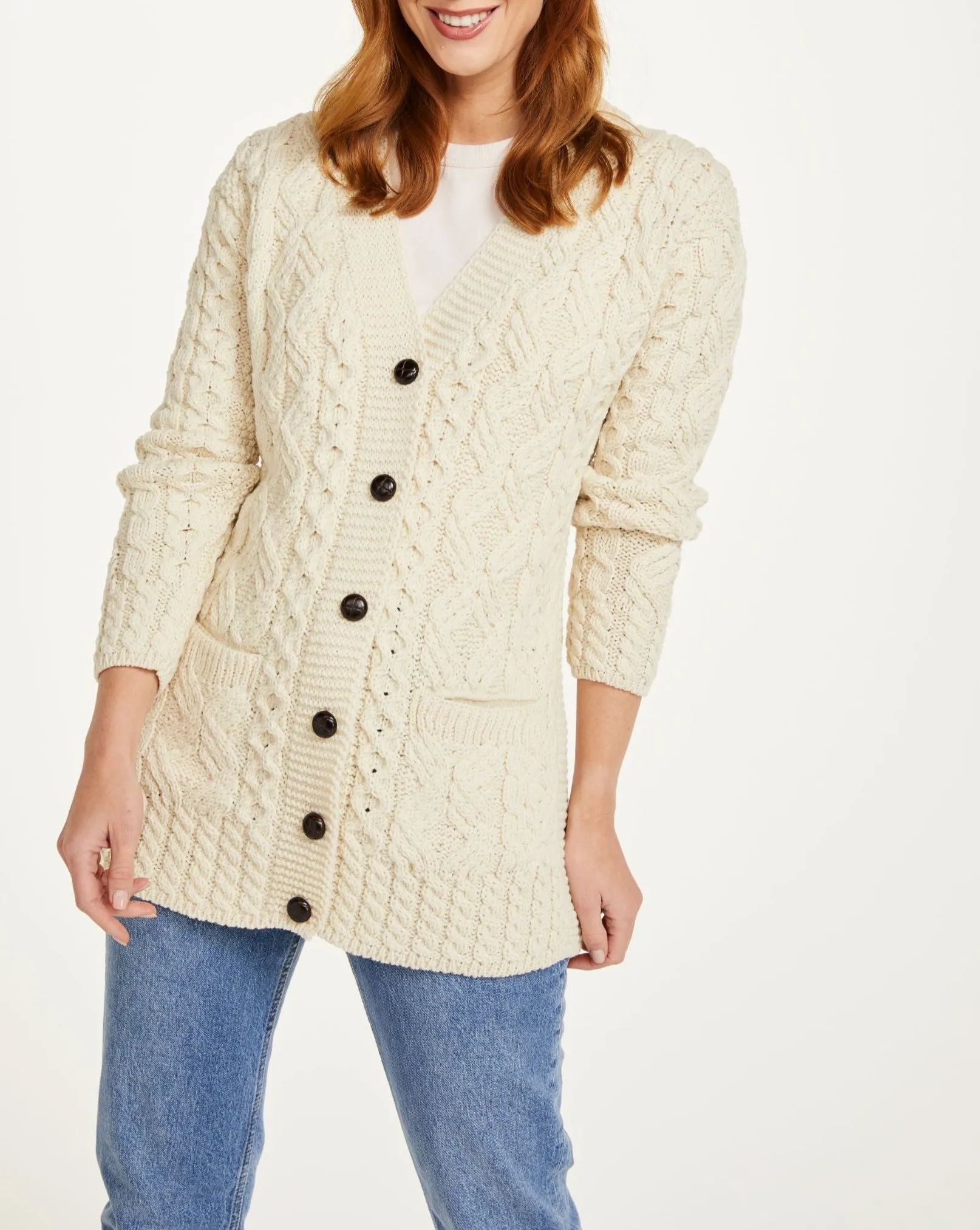 Ladies Long Line Button Cable Cardigan