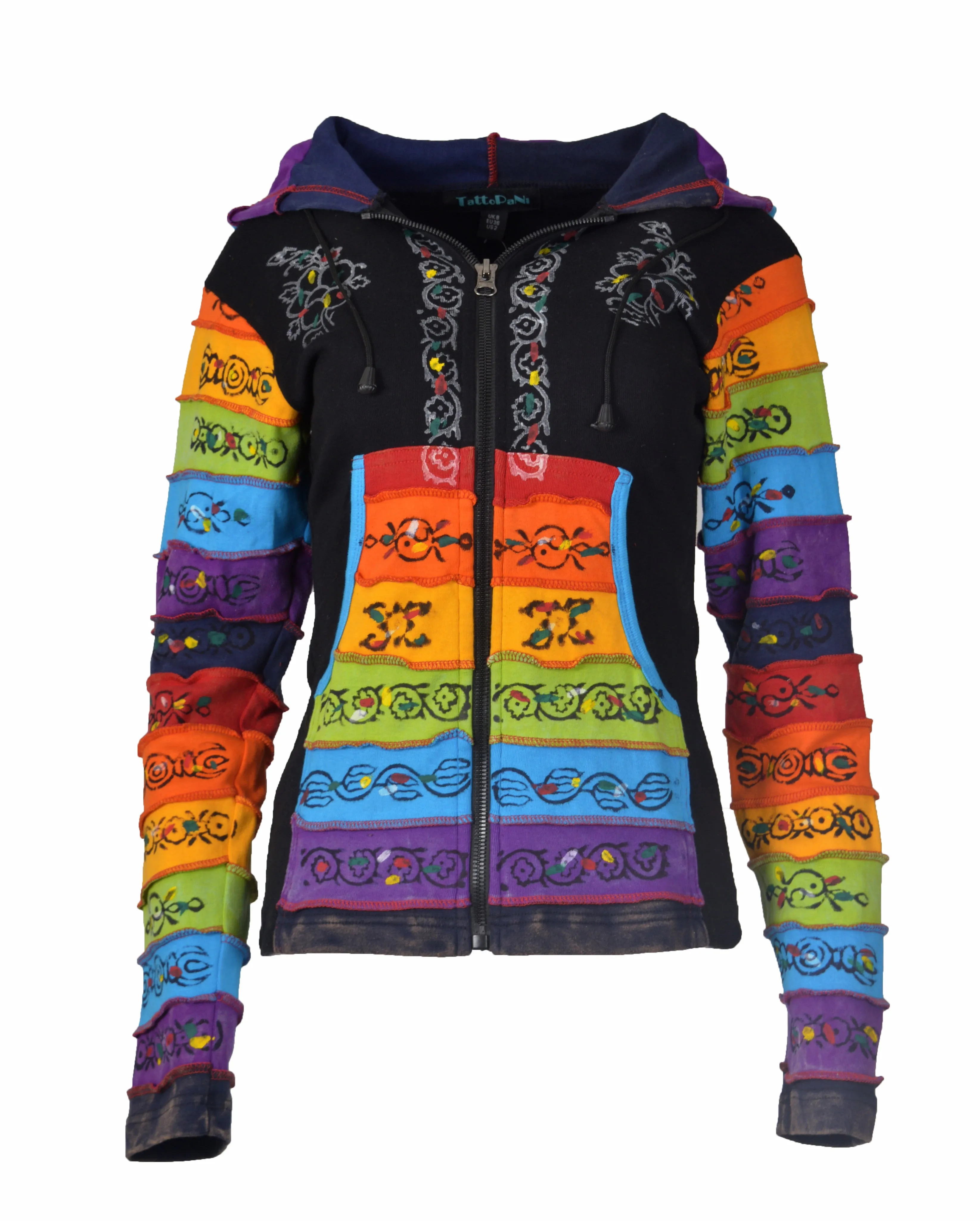 Ladies stonewashed cotton cardigan with colorful hand painted design.