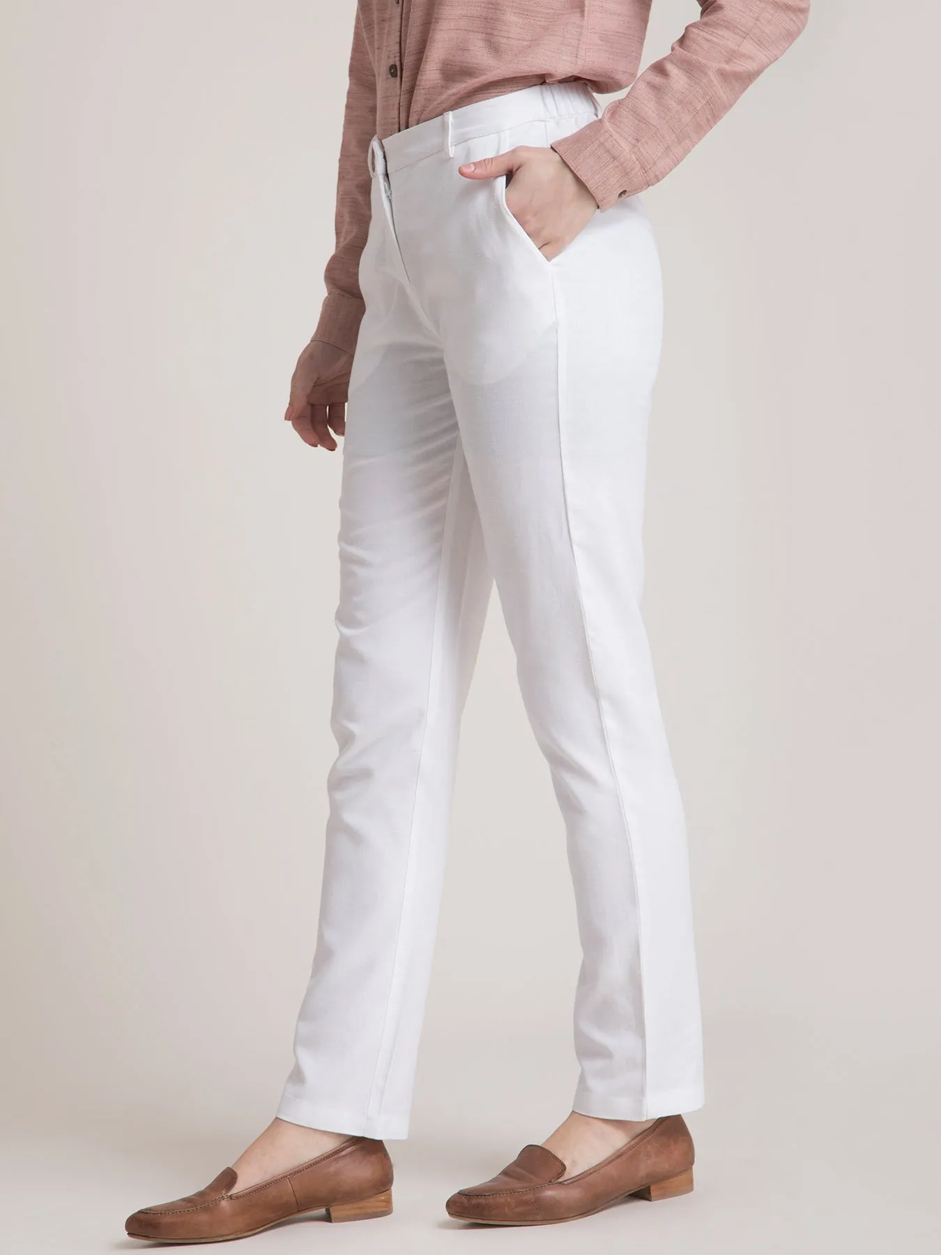 Linen Elasticated Straight Fit Pants - White