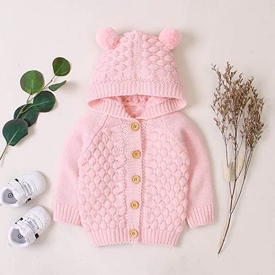 Little Surprise Box Infants Baby Pink Knitted Cardigan Sweater with Pom Pom Hoodie