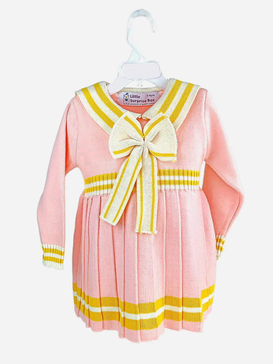 Little Surprise Box Pink & Mustard Big Bow & Stripes Sailor neck Winterwear Frock for girls