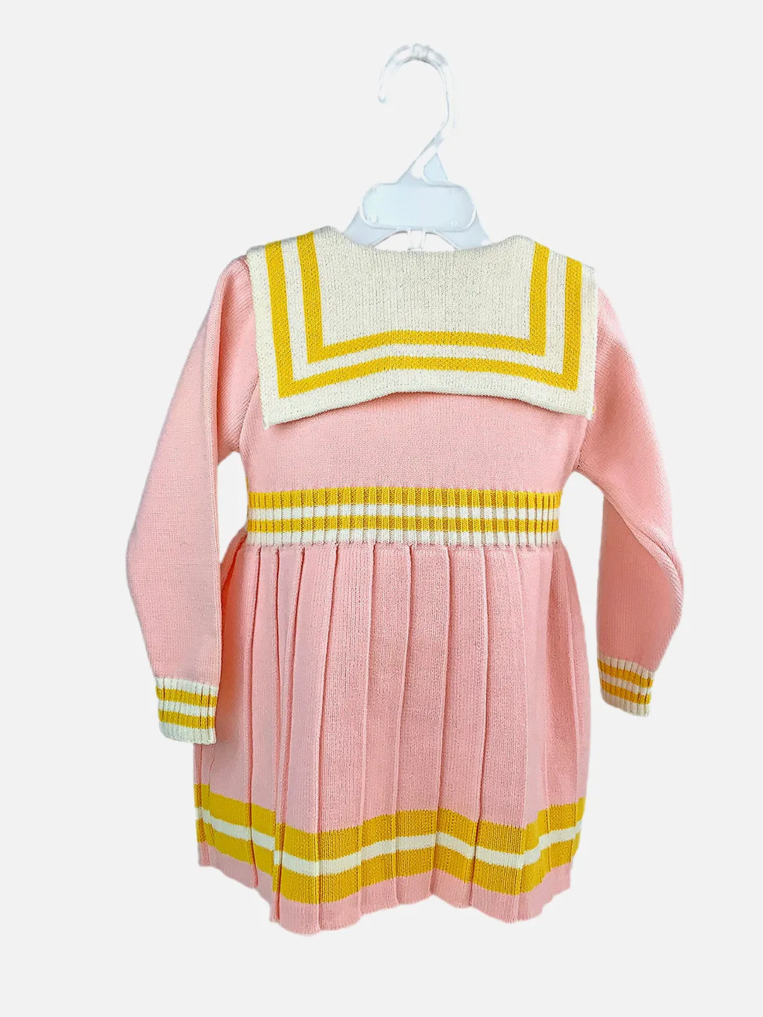 Little Surprise Box Pink & Mustard Big Bow & Stripes Sailor neck Winterwear Frock for girls