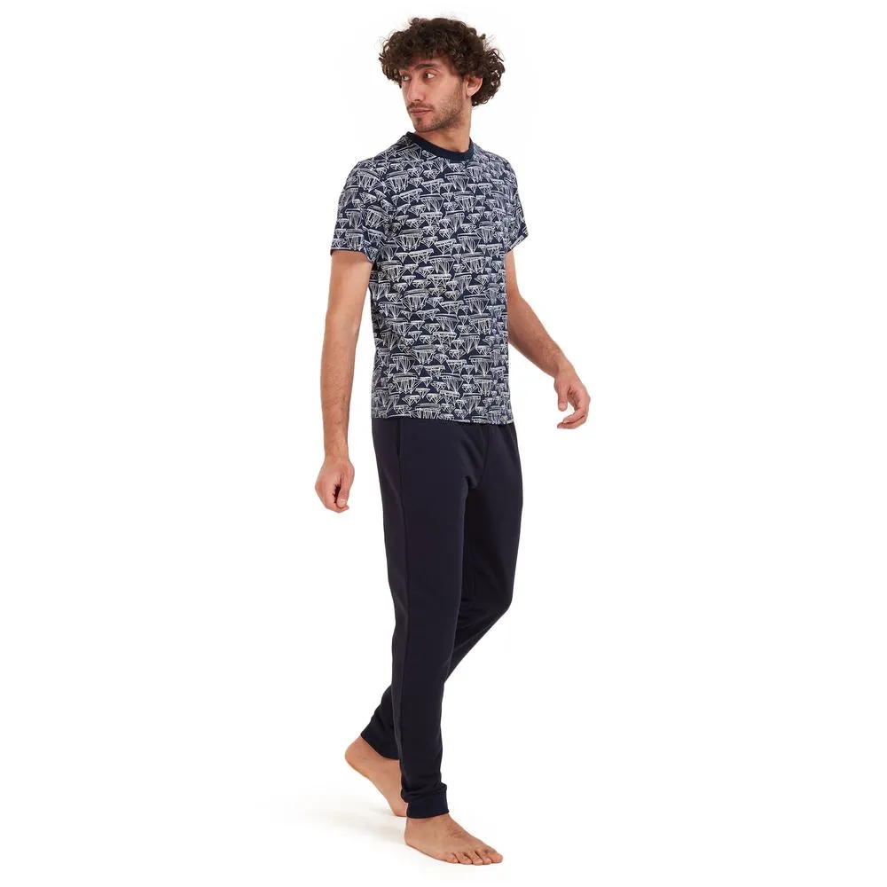 Men summer pajama set Boats T-shirt  Dark blue pants