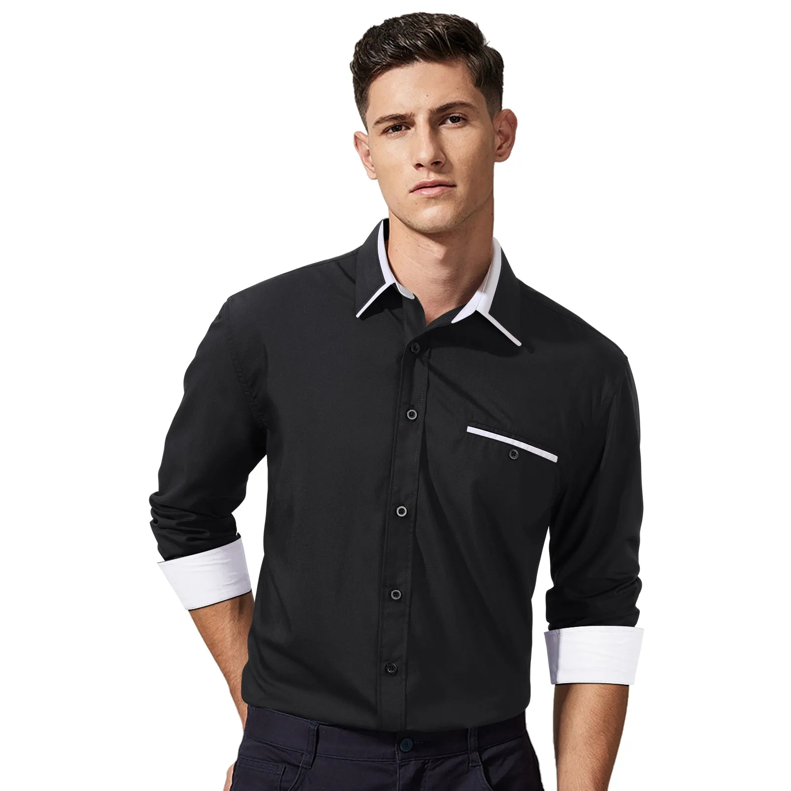 Men's Classic Dress Shirt with Pocket - BLACK/WHITE