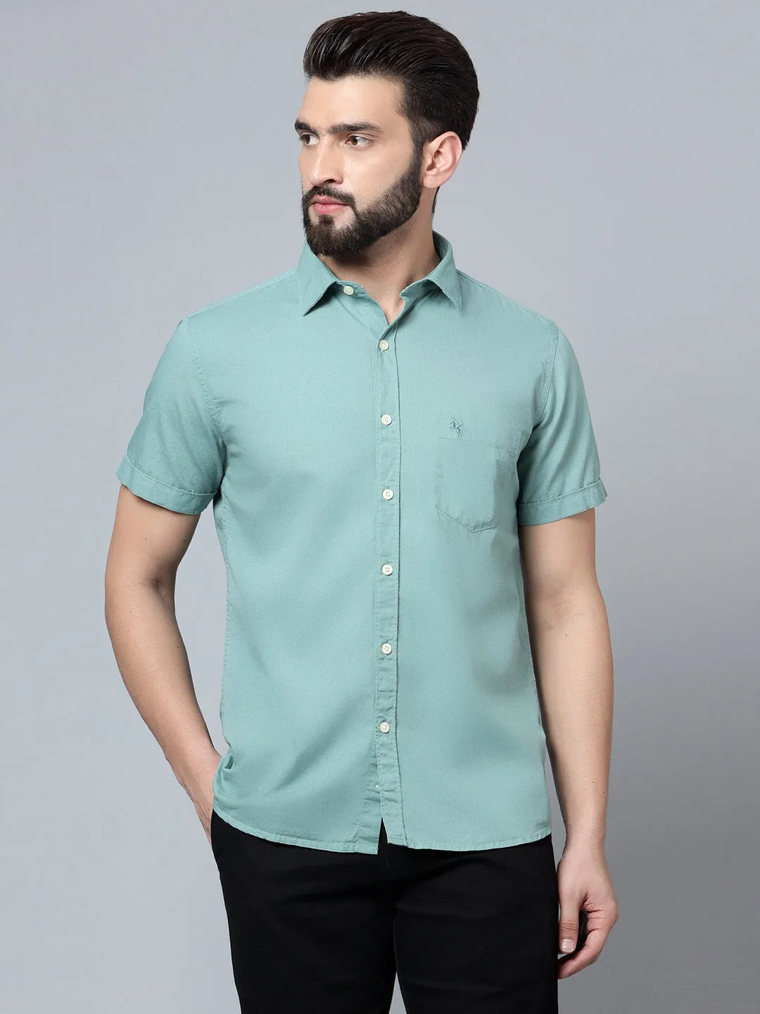 Men's Green Casual Plain Half Sleeve Shirt