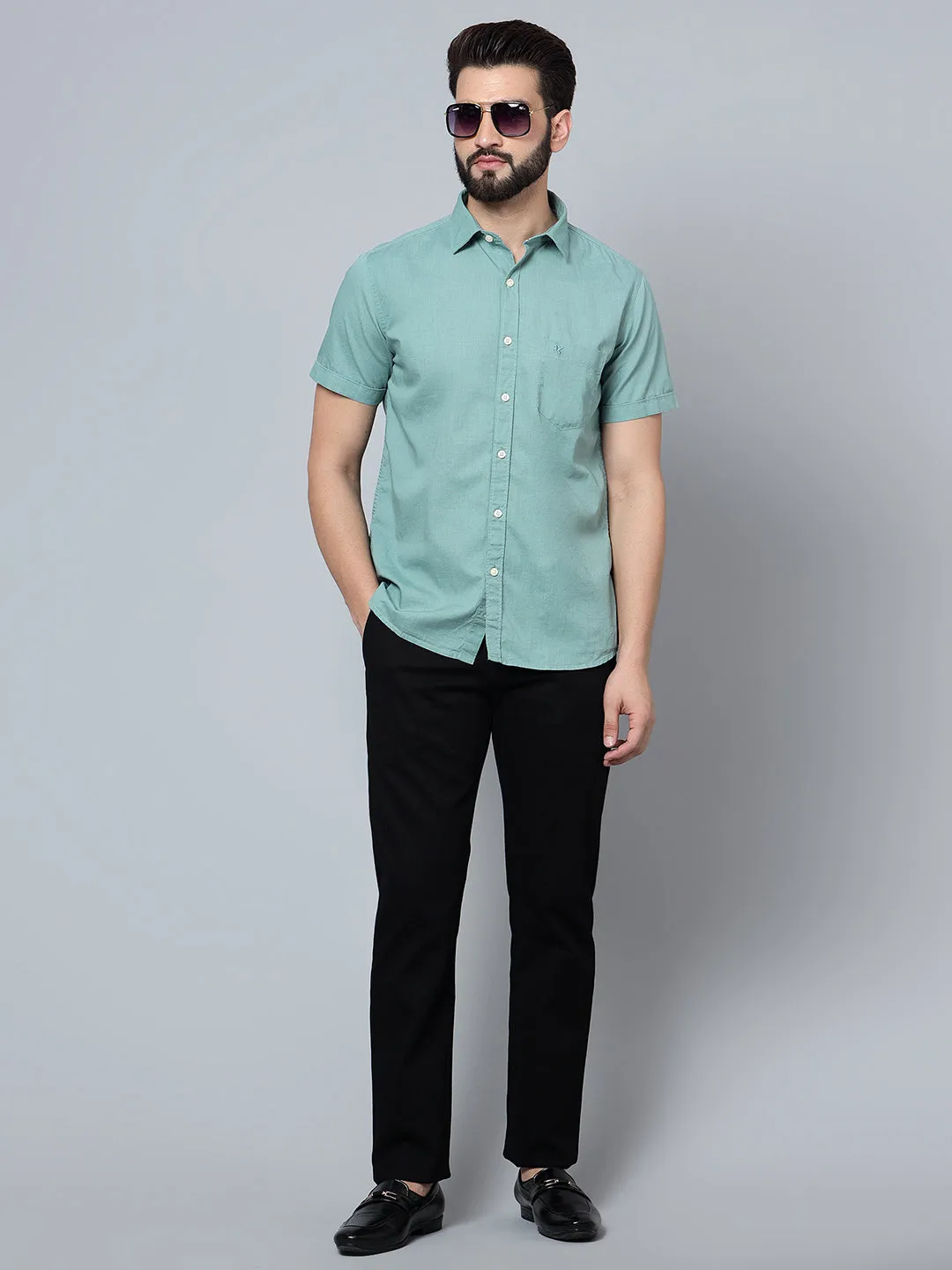 Men's Green Casual Plain Half Sleeve Shirt