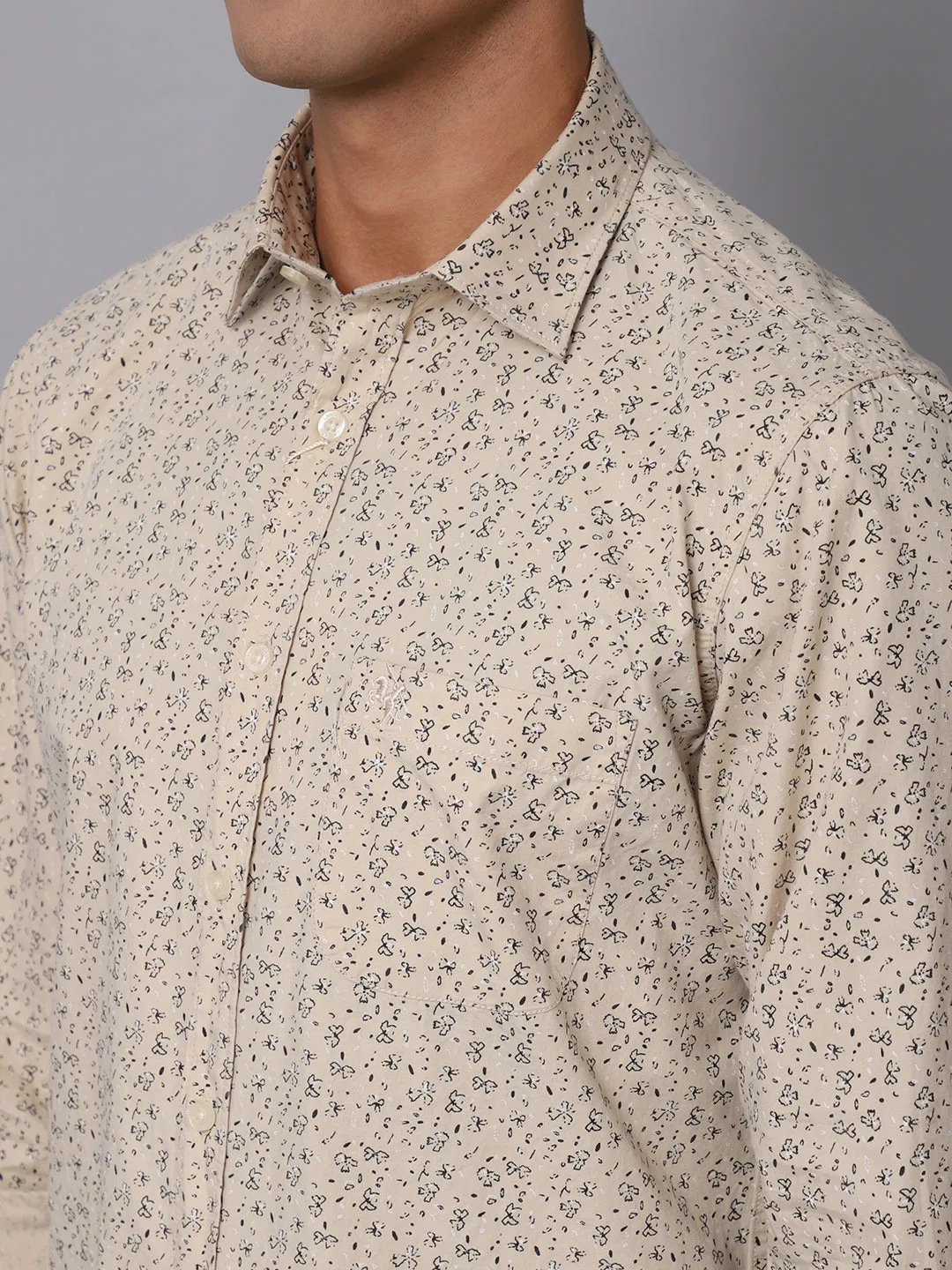 Men's Light Khaki Casual Floral Print Full Sleeve Shirt