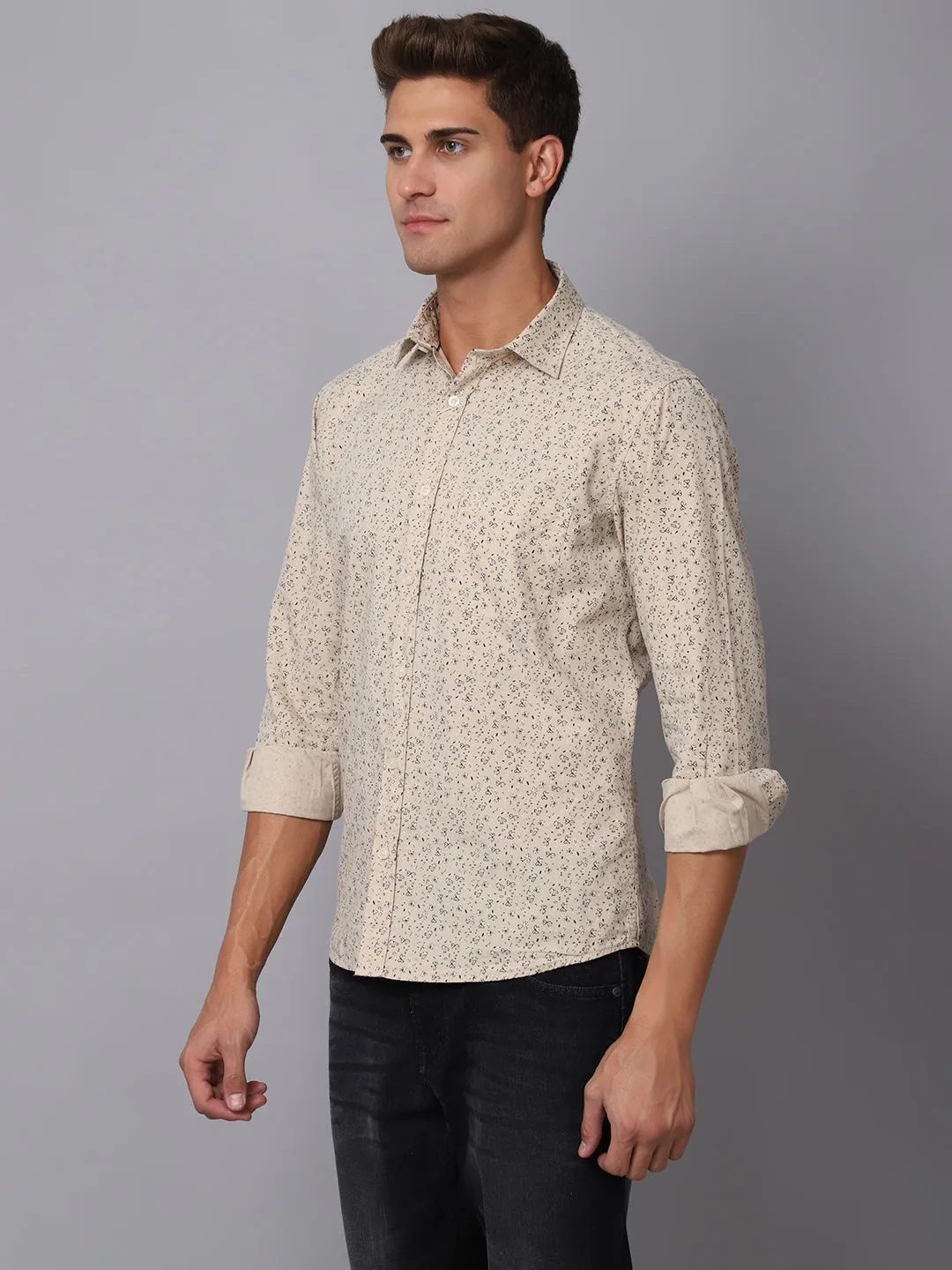 Men's Light Khaki Casual Floral Print Full Sleeve Shirt