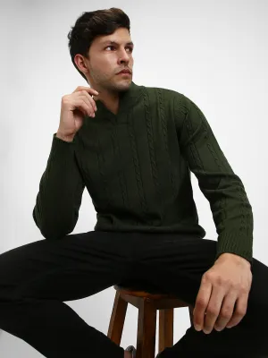 Men's Mock Regular Fit Cable Olive Sweater