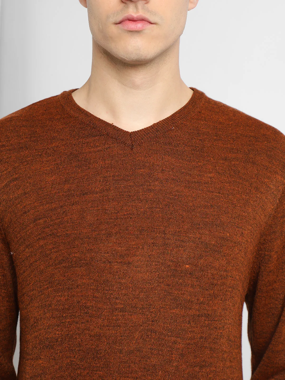 Men's V neck Solid Rust Pullover Sweater