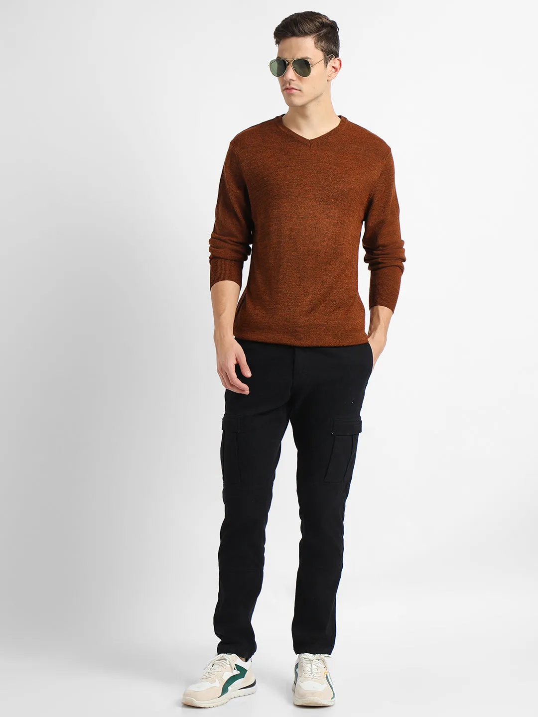 Men's V neck Solid Rust Pullover Sweater