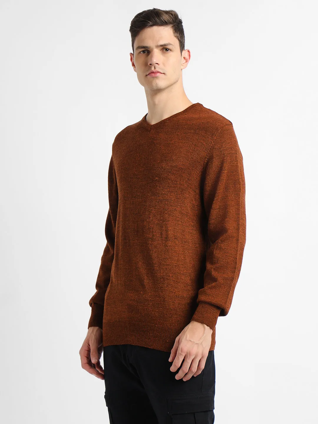 Men's V neck Solid Rust Pullover Sweater