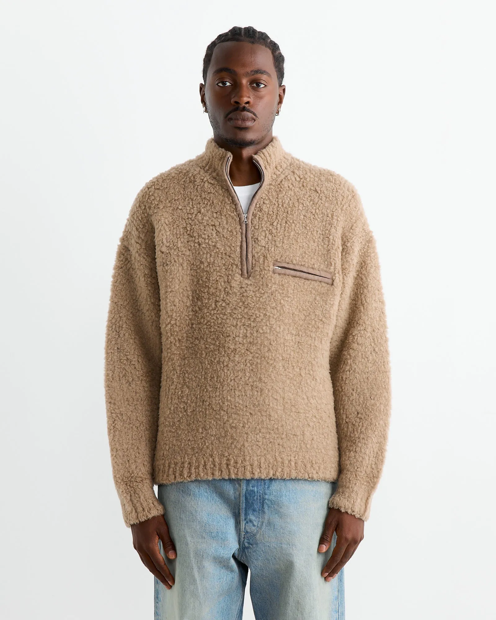 Merino Wool Boa Half Zip Pullover in Beige