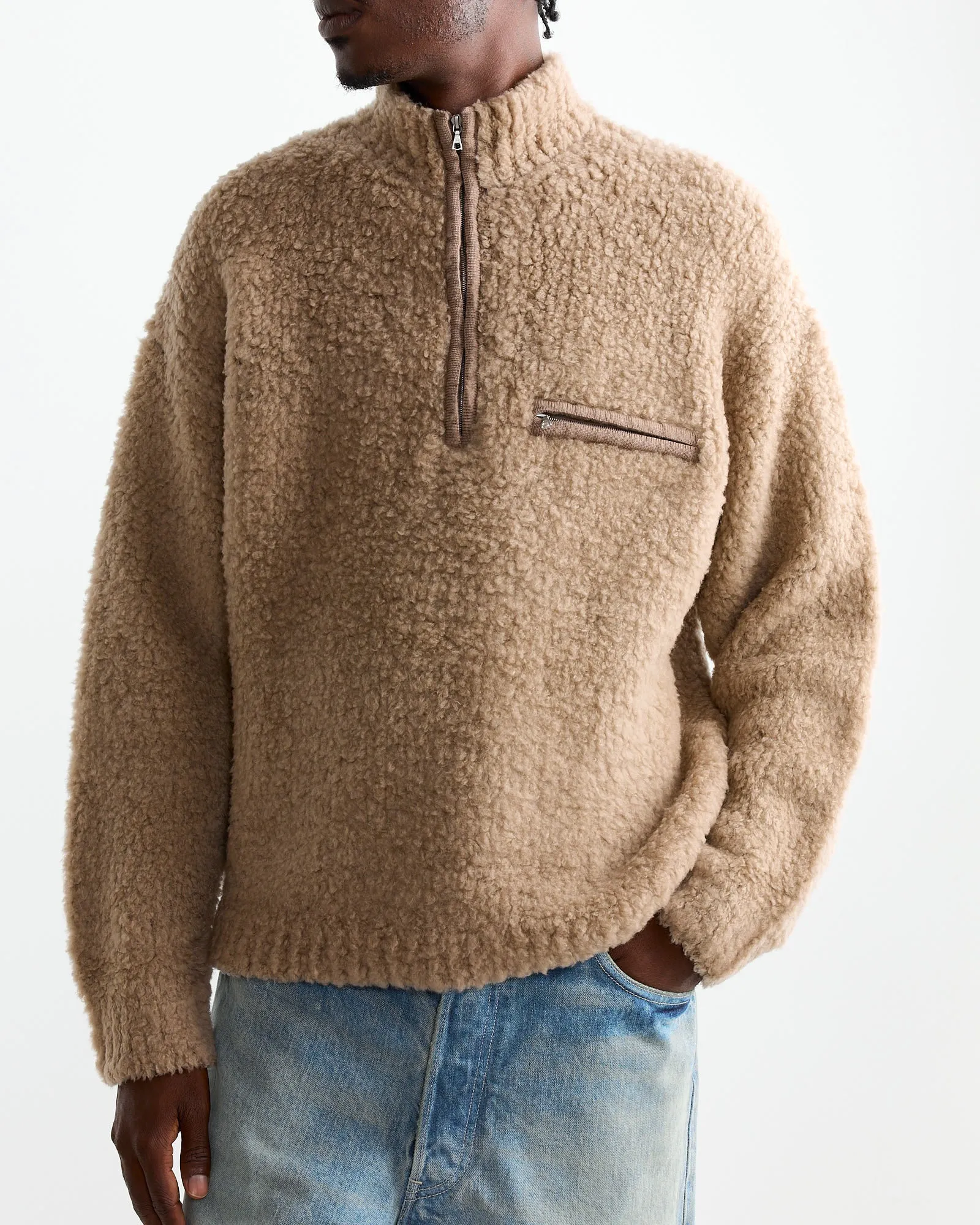 Merino Wool Boa Half Zip Pullover in Beige