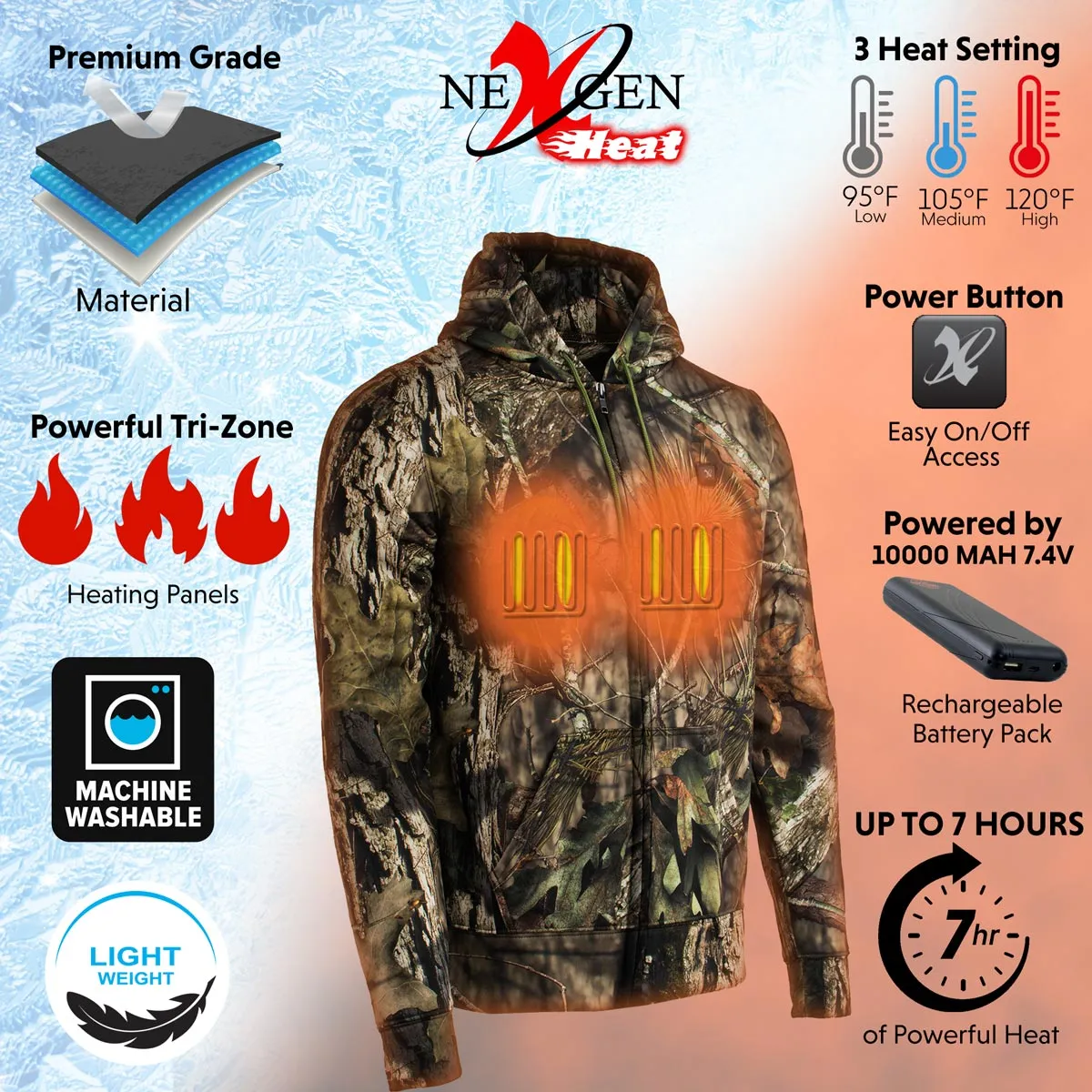 Nexgen Heat MPM1776SET Men's Camouflaged Heated Zipper Hoodies - Warming Camo Hoodie for Hunting w/ Battery