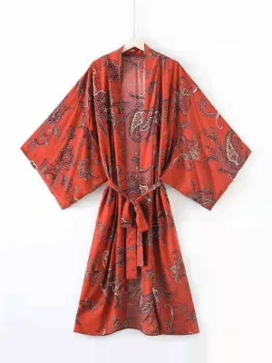 Nightwear Paisley Print Red Color Polyester Long Length Gown Kimono Duster Robe