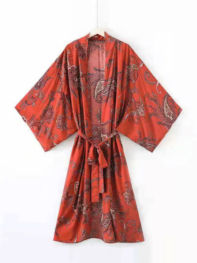 Nightwear Paisley Print Red Color Polyester Long Length Gown Kimono Duster Robe