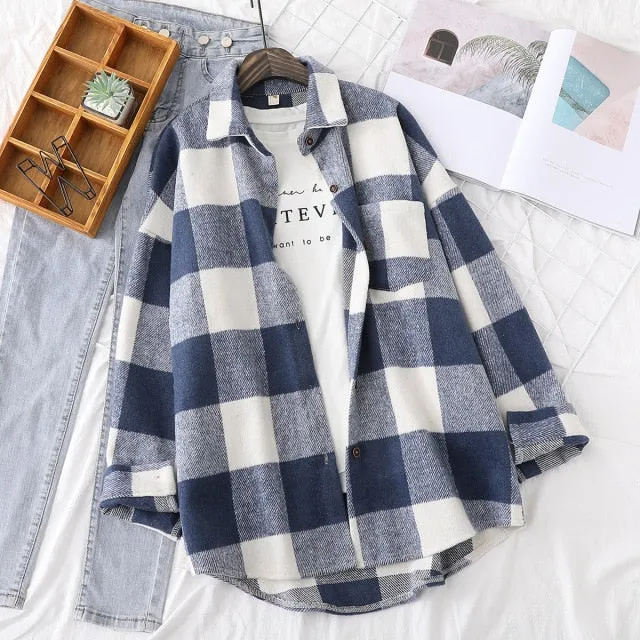 Nukty Spring New Women Big Plaid Full Sleeve Thick Warm Woolen Shirt Jacket Winter Oversize Tops Stylish Girl Casual Outwear T0N444T