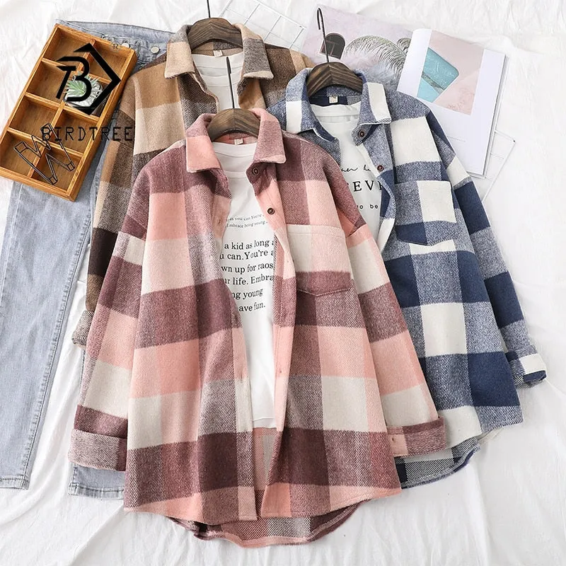 Nukty Spring New Women Big Plaid Full Sleeve Thick Warm Woolen Shirt Jacket Winter Oversize Tops Stylish Girl Casual Outwear T0N444T